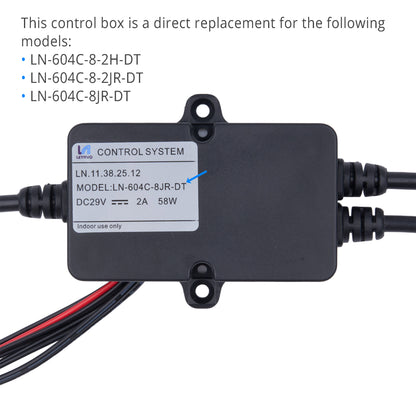 A black rectangular electronic control box with a white label reading 'CONTROL SYSTEM' and model 'LN-604C-8-JR-DT', shown on a white background with text listing compatible models above it.