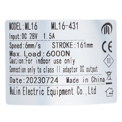 Model number tag of MULIN ML16-431 Linear Actuator for Recliner/Lift Chair