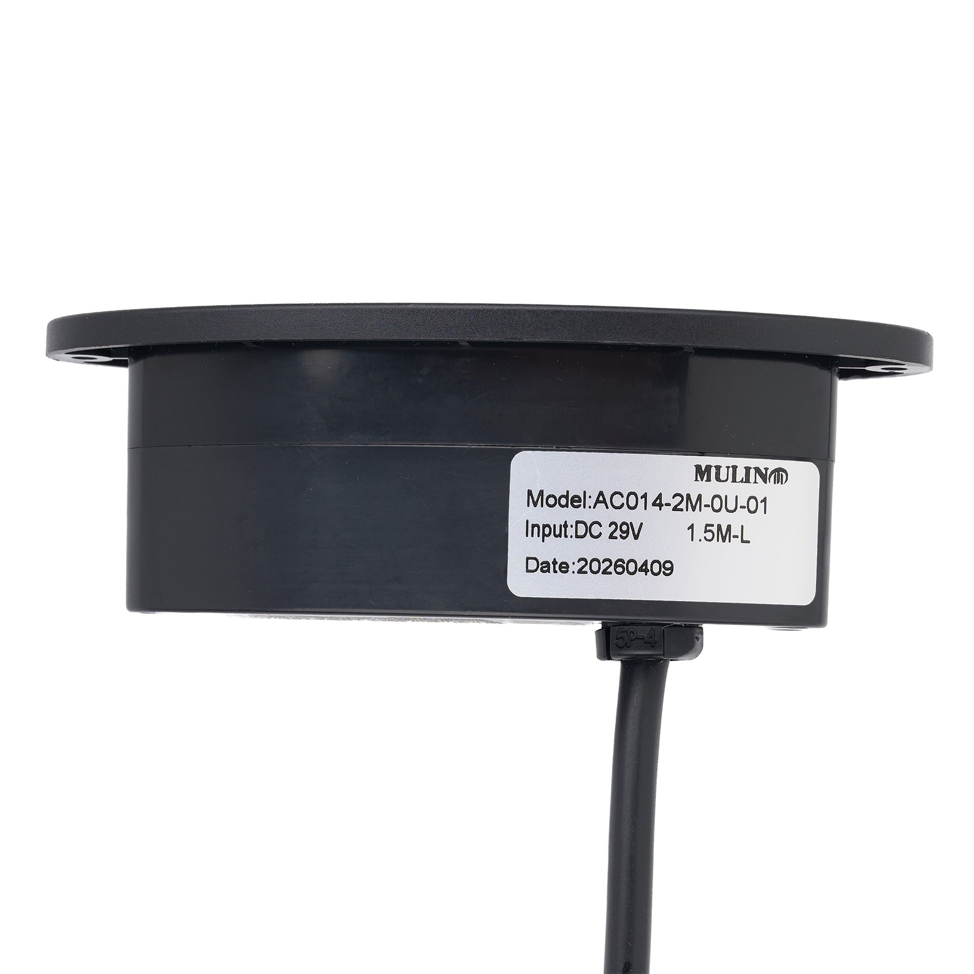 A black cylindrical electronic sensor or component with a white label showing the brand MULIN and model details, on a plain white background.