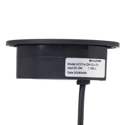 A black cylindrical electronic sensor or component with a white label showing the brand MULIN and model details, on a plain white background.