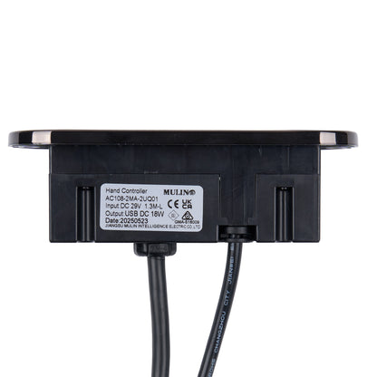 Black electronic device with cables on a white background