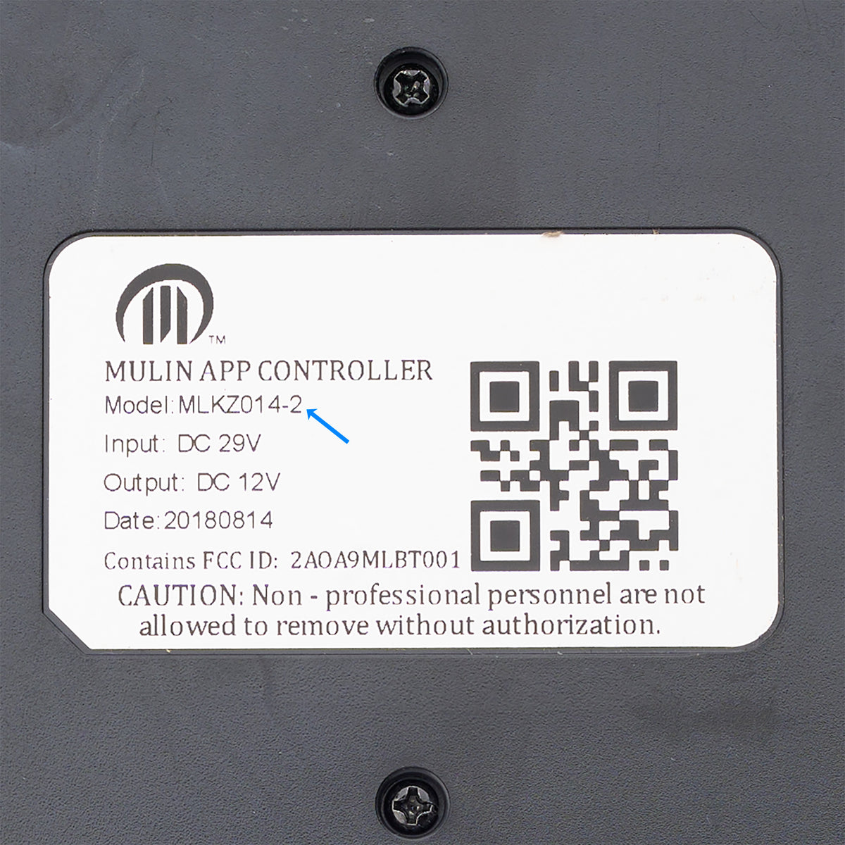 Model number tag of Mulin MLKZ014-2 App Controller Junction Box Control Box