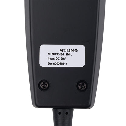 Close-up of the back of a black electronic device with a white product label reading MULIN MLSK30-B4 2M-L, Input: DC 29V, Date:20260411, on a white background.