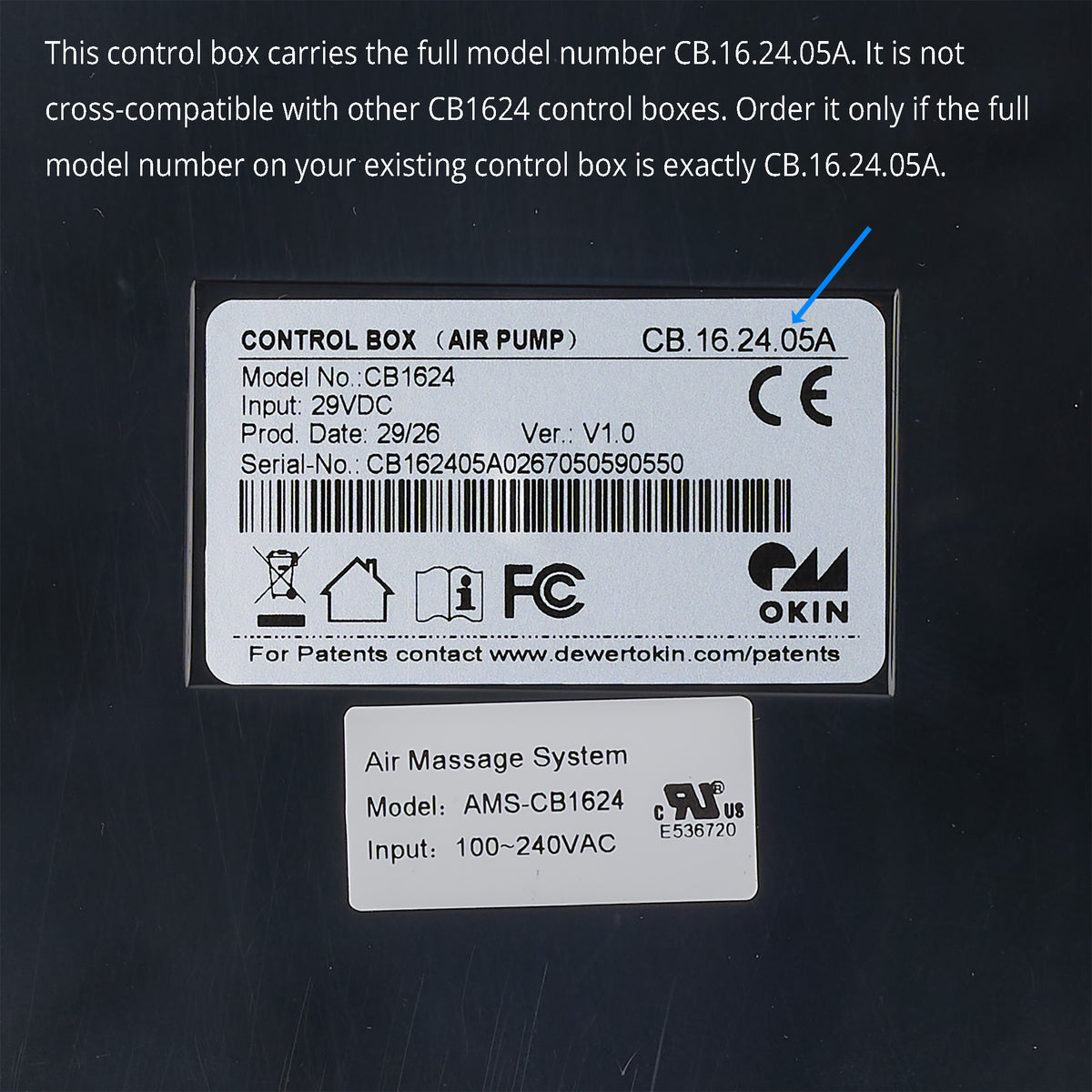 Model number tag of OKIN CB.16.24.05A Control Box with Air Pump for AMS-CB1624 air massage system