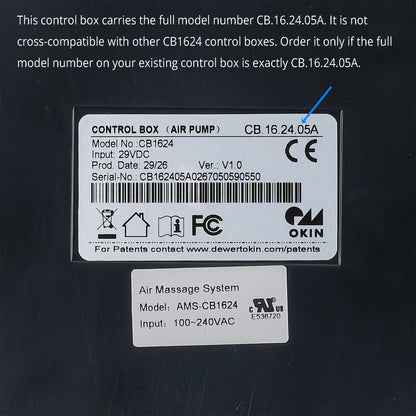 Model number tag of OKIN CB.16.24.05A Control Box with Air Pump for AMS-CB1624 air massage system