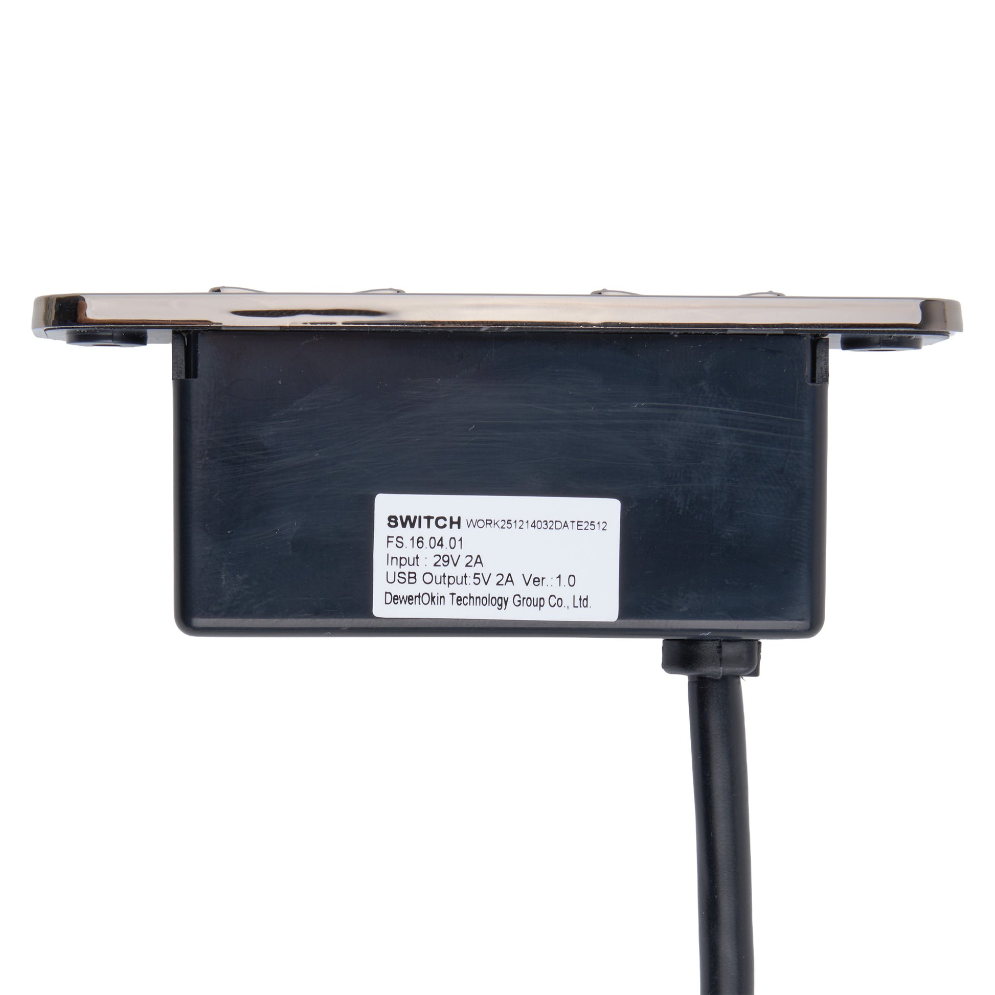 Black electronic device with a label on a white background
