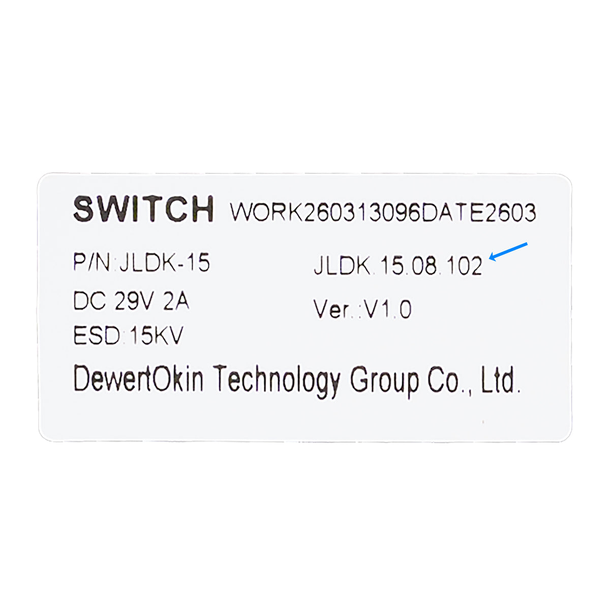 Model number tag of OKIN JLDK.15.08.102 6-Button 7-Pin Switch 