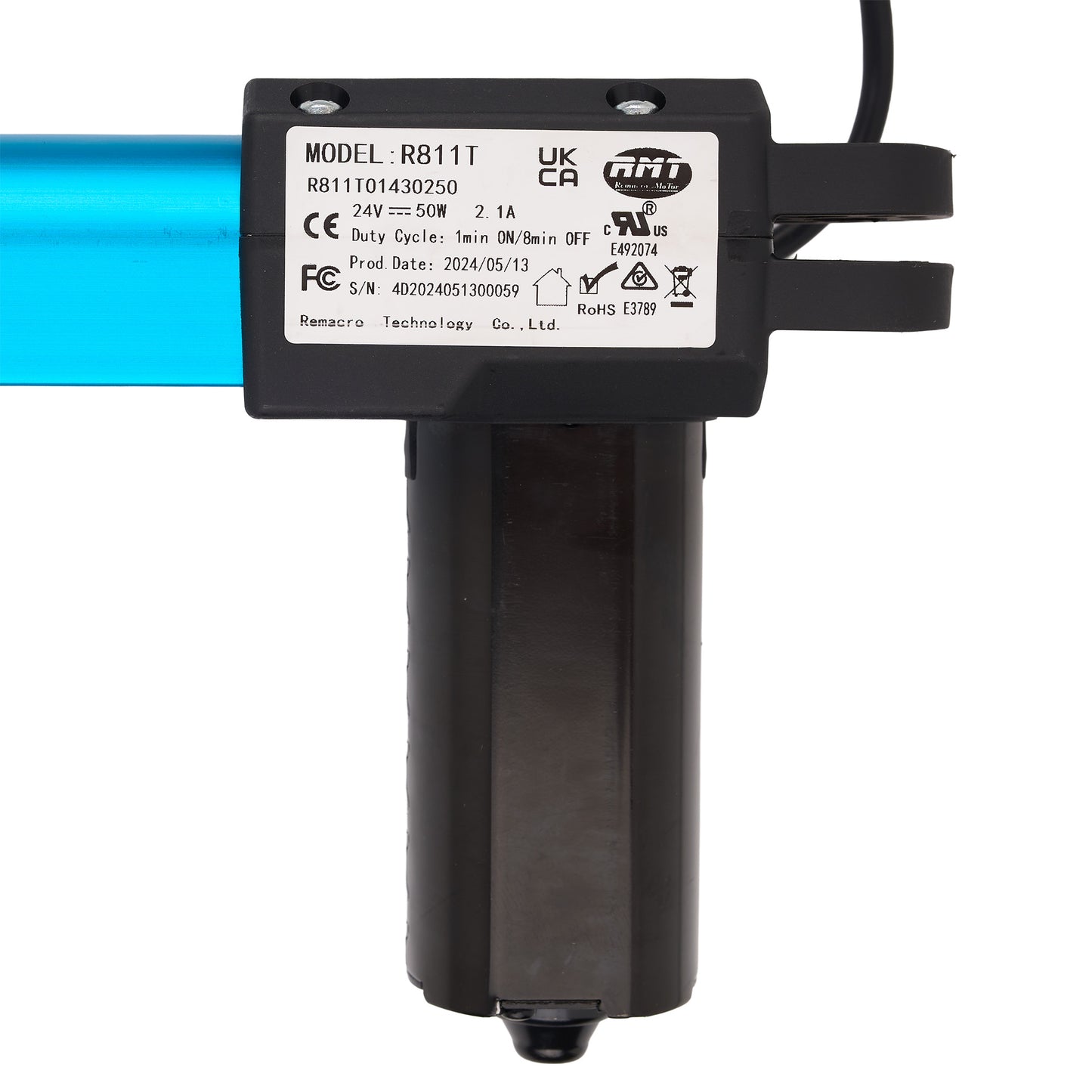 Black electronic component with label on a white background