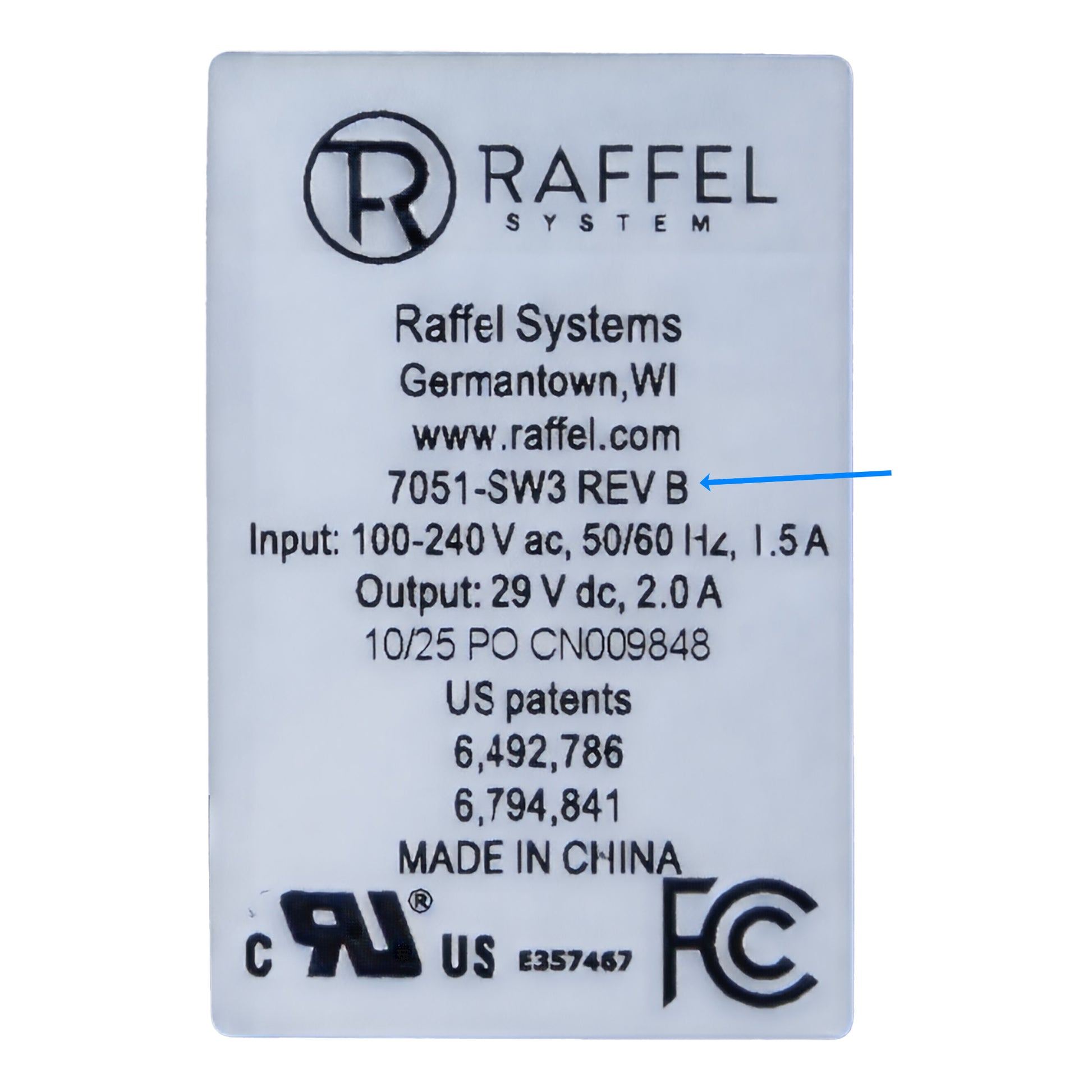 A white rectangular battery label for a Rafael Systems 7051-SW3 REV B battery, showing technical specifications, certifications, and a blue highlighter mark pointing to the model number.