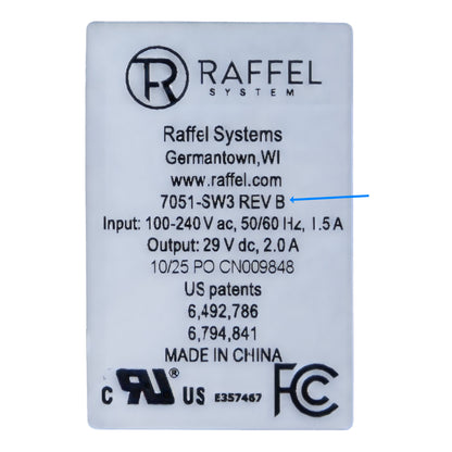 A white rectangular battery label for a Rafael Systems 7051-SW3 REV B battery, showing technical specifications, certifications, and a blue highlighter mark pointing to the model number.