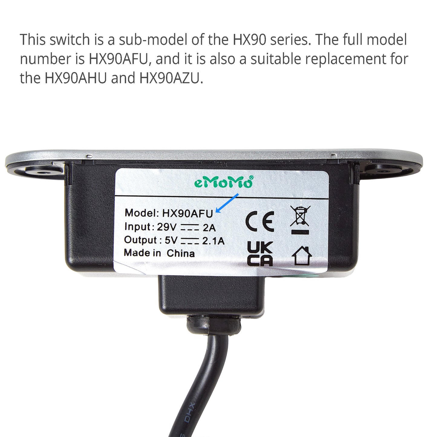 A black electronic switch module with a silver metal mounting plate and a black cable, showing a white label with eMoMd branding and technical specifications, on a white background with explanatory text above.