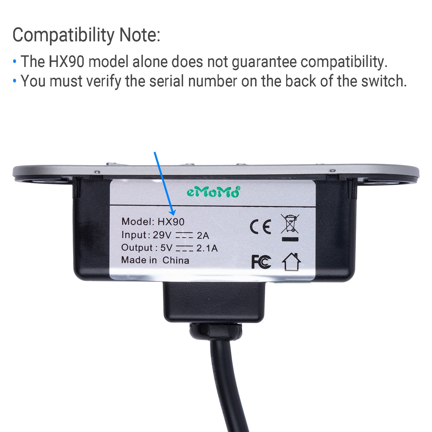 Model number tag of eMoMo HX90BU 4 Button 5 Pin Switch for Recliner/Lift Chairs with USB HX90BBU compatible