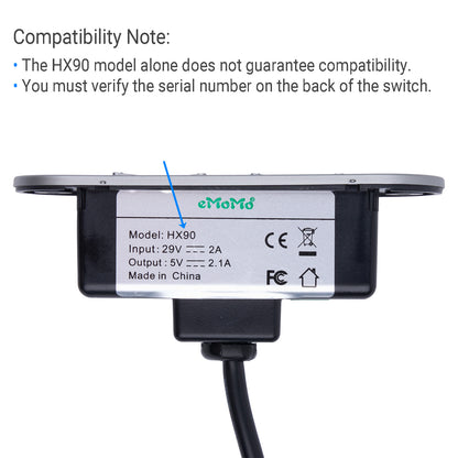 Model number tag of eMoMo HX90BU 4 Button 5 Pin Switch for Recliner/Lift Chairs with USB HX90BBU compatible