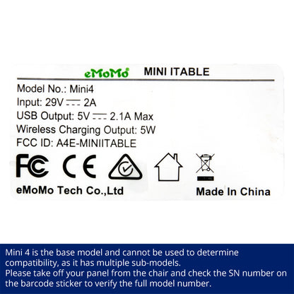 A white product label for an eMoMo Mini Itable wireless charging pad, showing technical specifications, regulatory icons, and a blue text banner at the bottom explaining that Mini 4 is a base model.