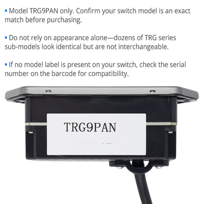 A black electronic switch module with a white label reading 'TRG9PAN' on a white background, accompanied by three bullet points of text above specifying the model and compatibility.