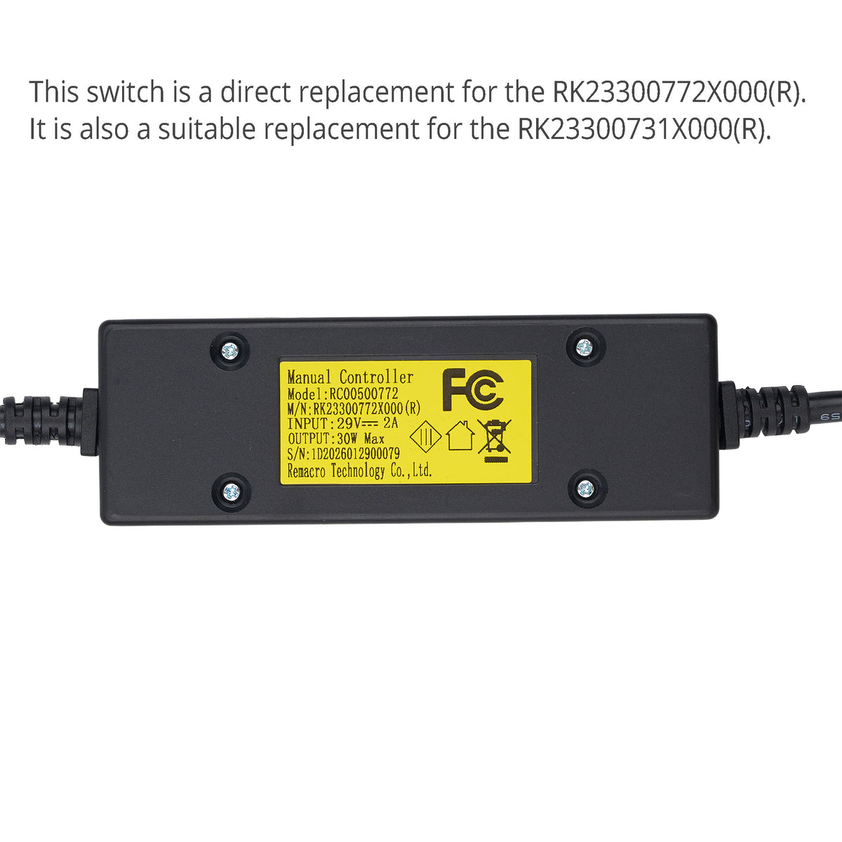 Model number tag of the RK23300772X000(R) RC00500772 - 4 Button Recliner Switch 
