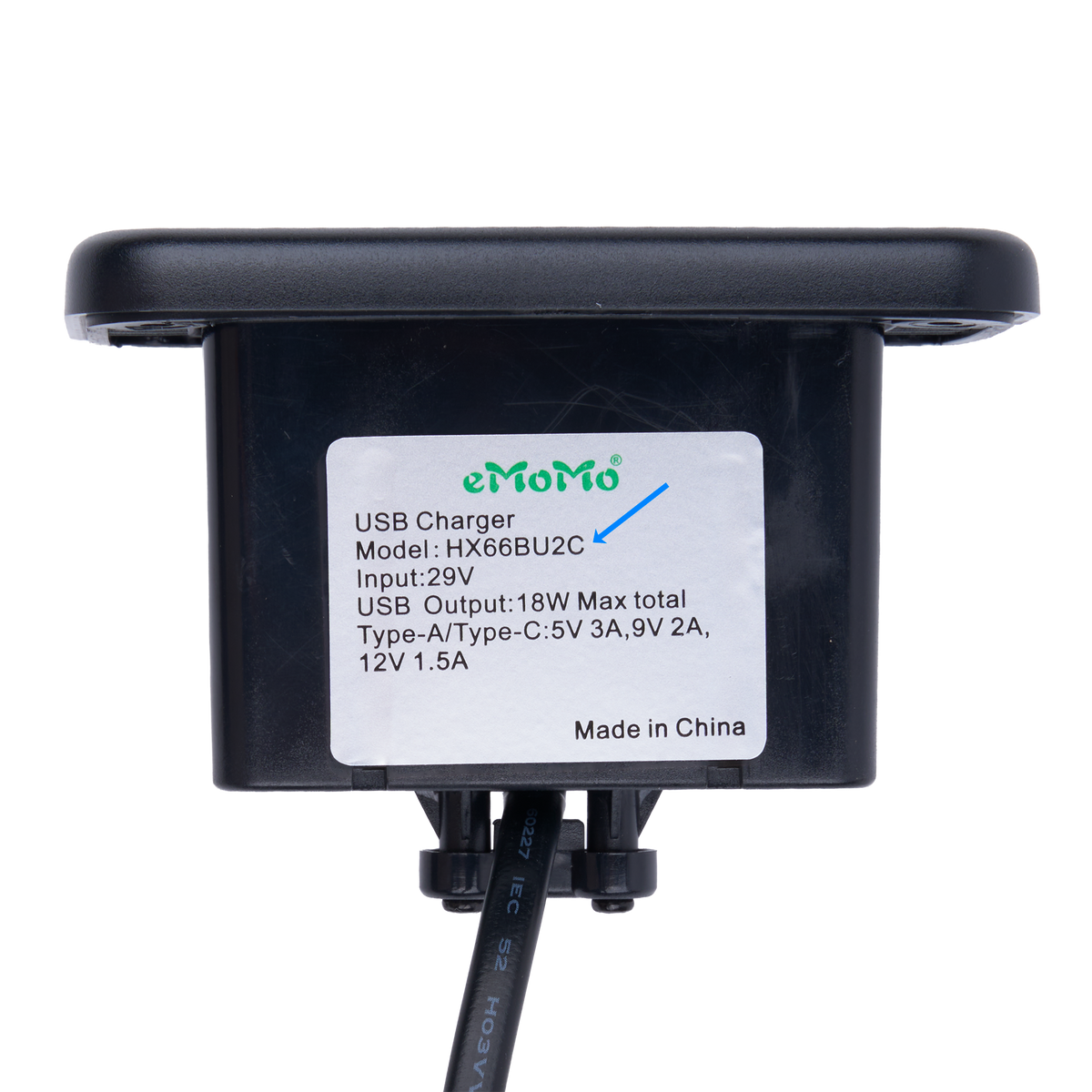 Model number tag of the eMoMo HX66BU2C Type A + Type C USB Charger