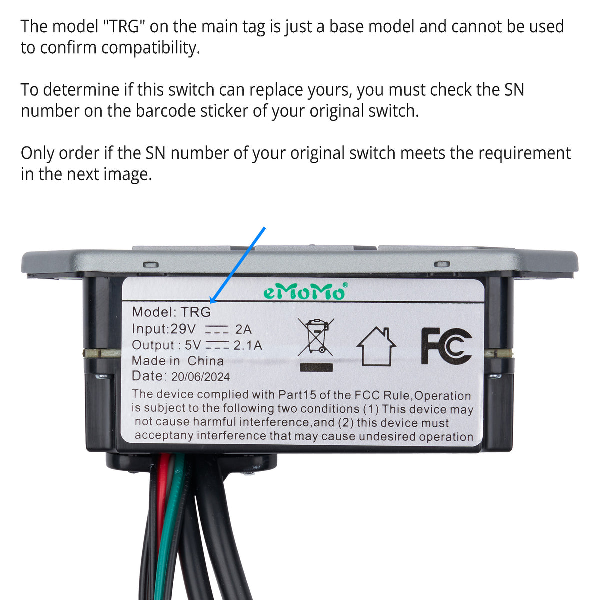 Model number tag of the eMoMo TRG22HRRL Right Side Facing Version 7-Button Control Switch 