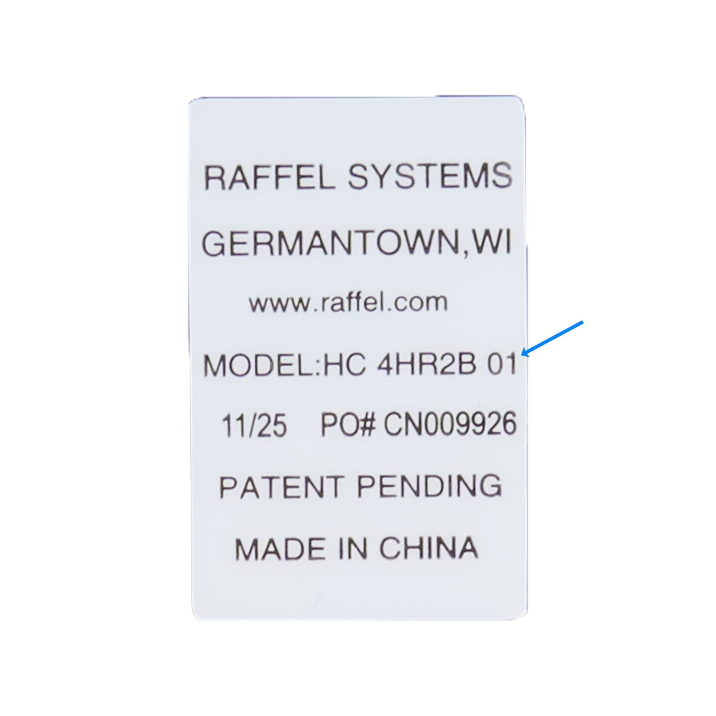 A white rectangular product tag or card with black printed text reading 'RAFFEL SYSTEMS', 'GERMANTOWN,WI', 'www.raffel.