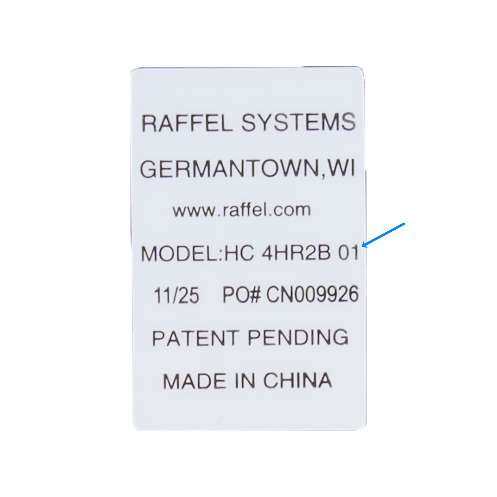 A white rectangular product tag or card with black printed text reading 'RAFFEL SYSTEMS', 'GERMANTOWN,WI', 'www.raffel.