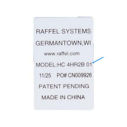 A white rectangular product tag or card with black printed text reading 'RAFFEL SYSTEMS', 'GERMANTOWN,WI', 'www.raffel.