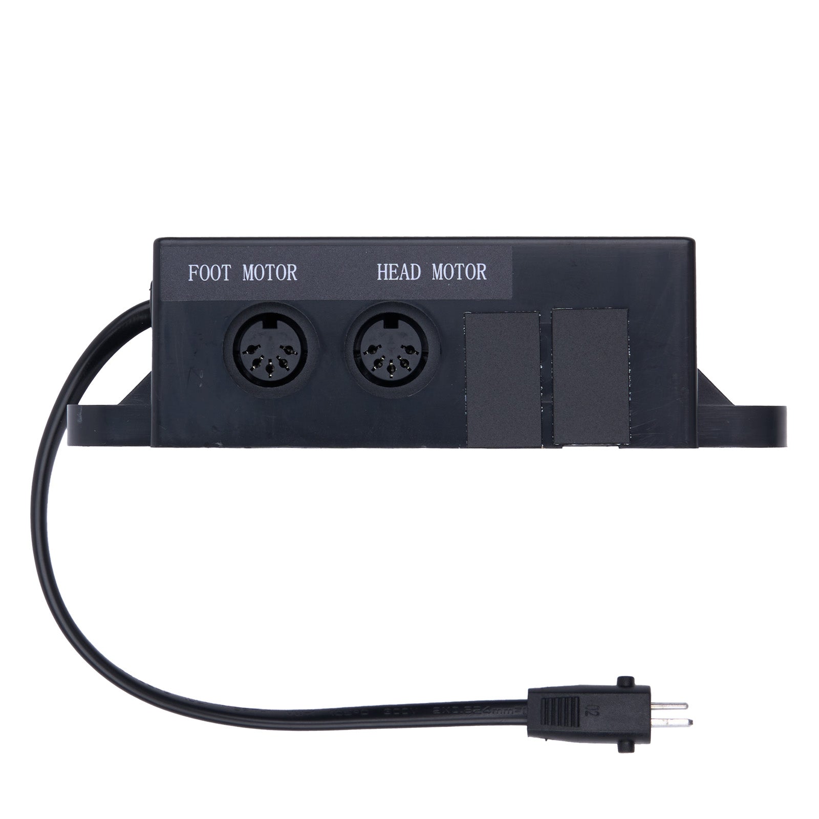 Black electronic component with two connectors and a power cord on a white background