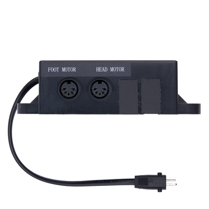 Black electronic component with two connectors and a power cord on a white background