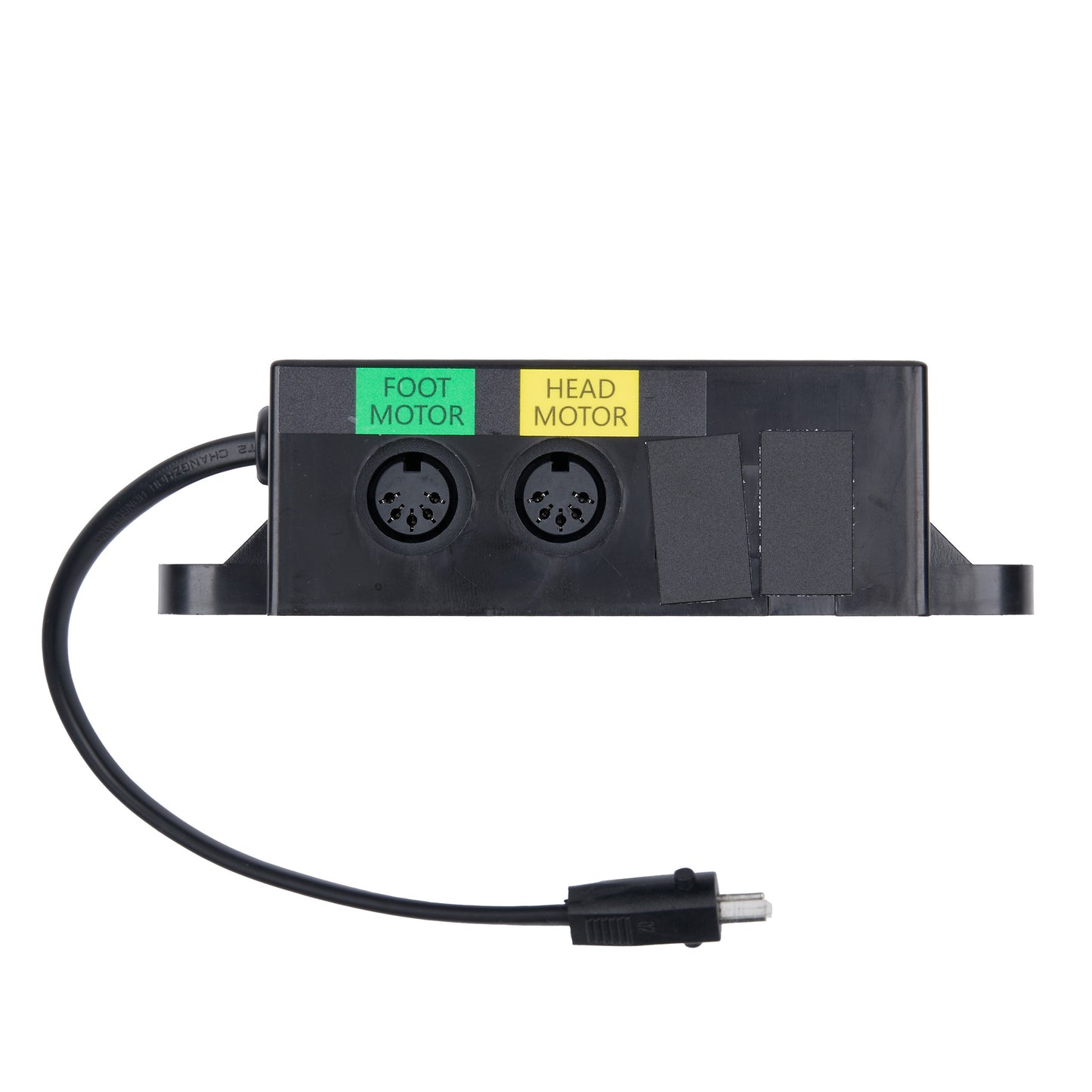 Black electronic component with labeled motors on a white background