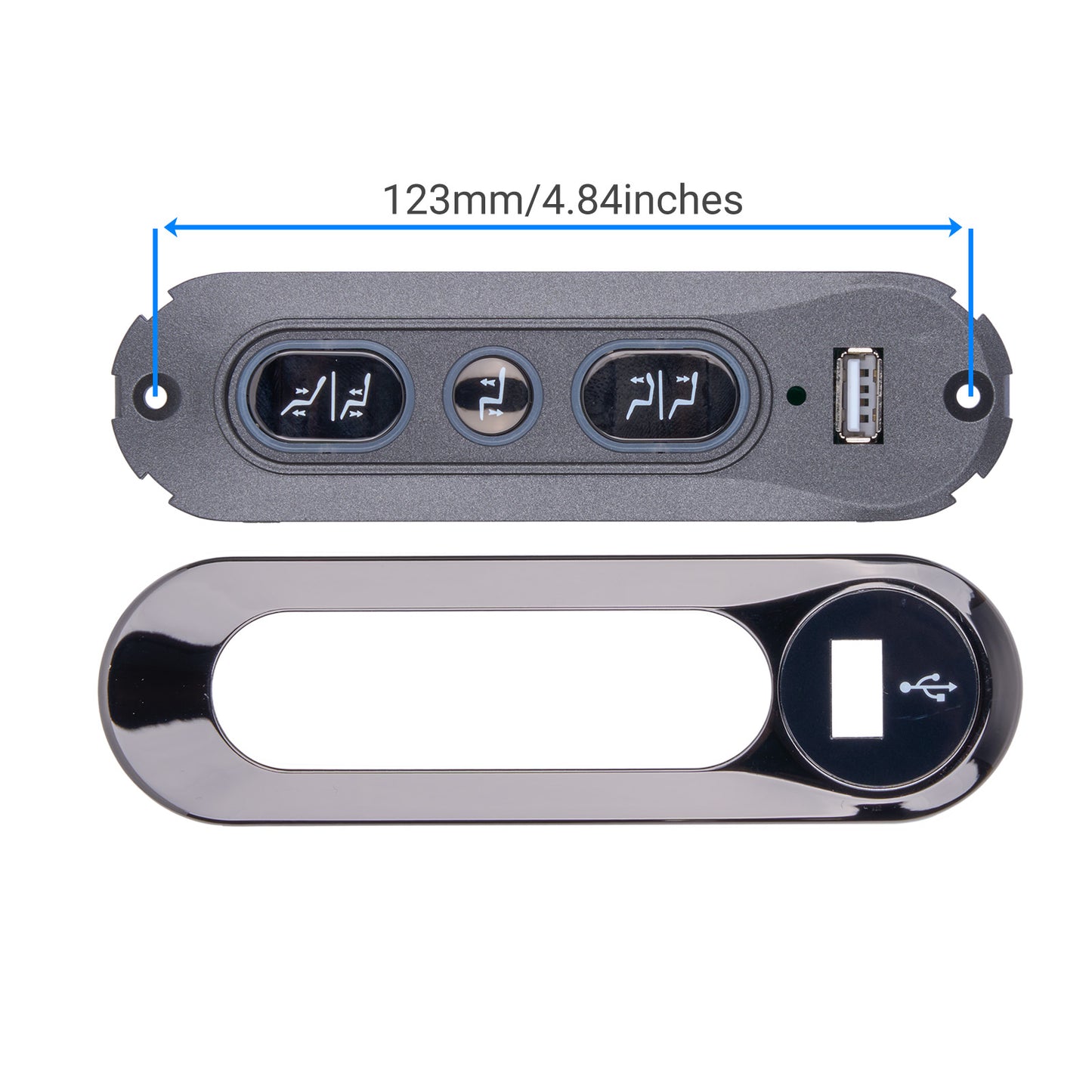Two metallic objects with USB ports and measurements on a white background