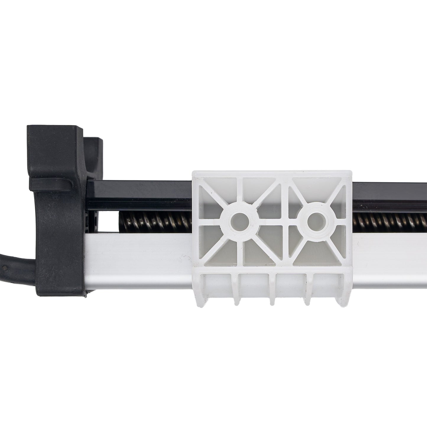 A close-up of a white plastic mounting bracket or clip attached to a black and silver rail system, shown against a plain white background.