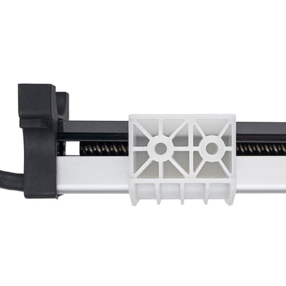 A close-up of a white plastic mounting bracket or clip attached to a black and silver rail system, shown against a plain white background.