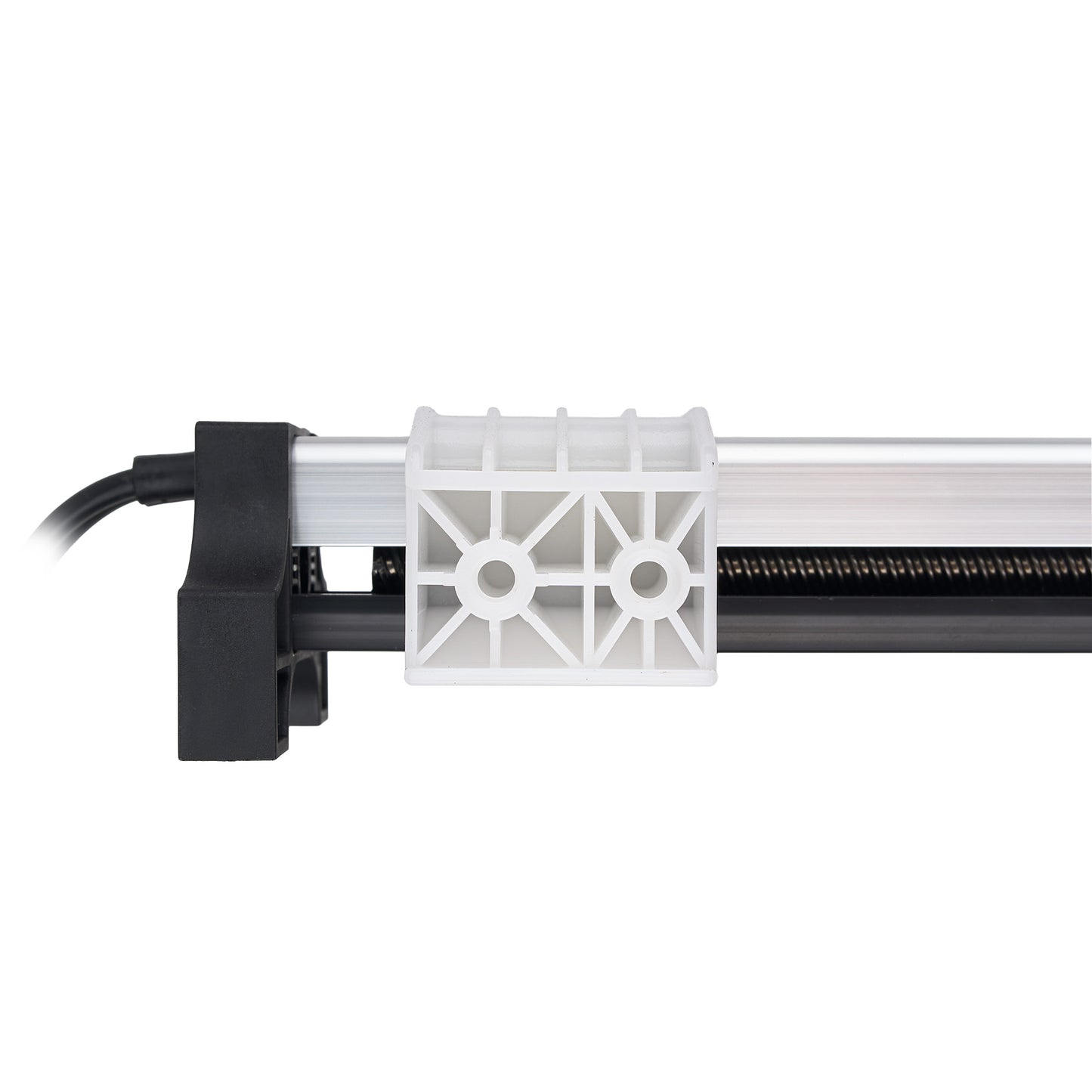 A close-up of a linear rail system with a black mounting bracket, a white plastic connector block, and a black rail on a white background.
