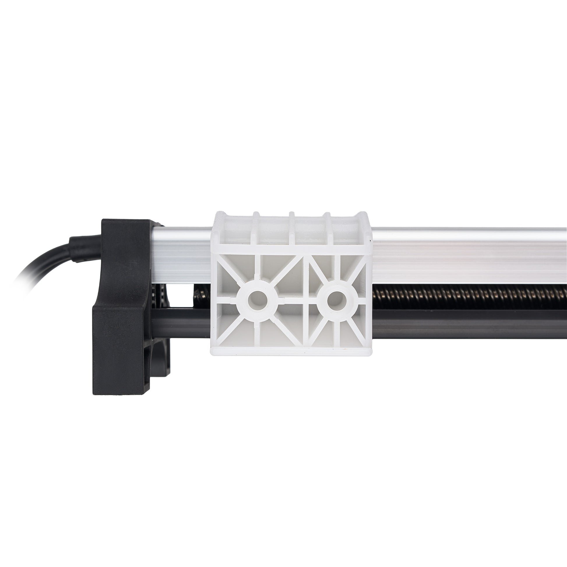 A close-up of a linear rail system with a black mounting bracket, a white plastic connector block, and a black rail on a white background.