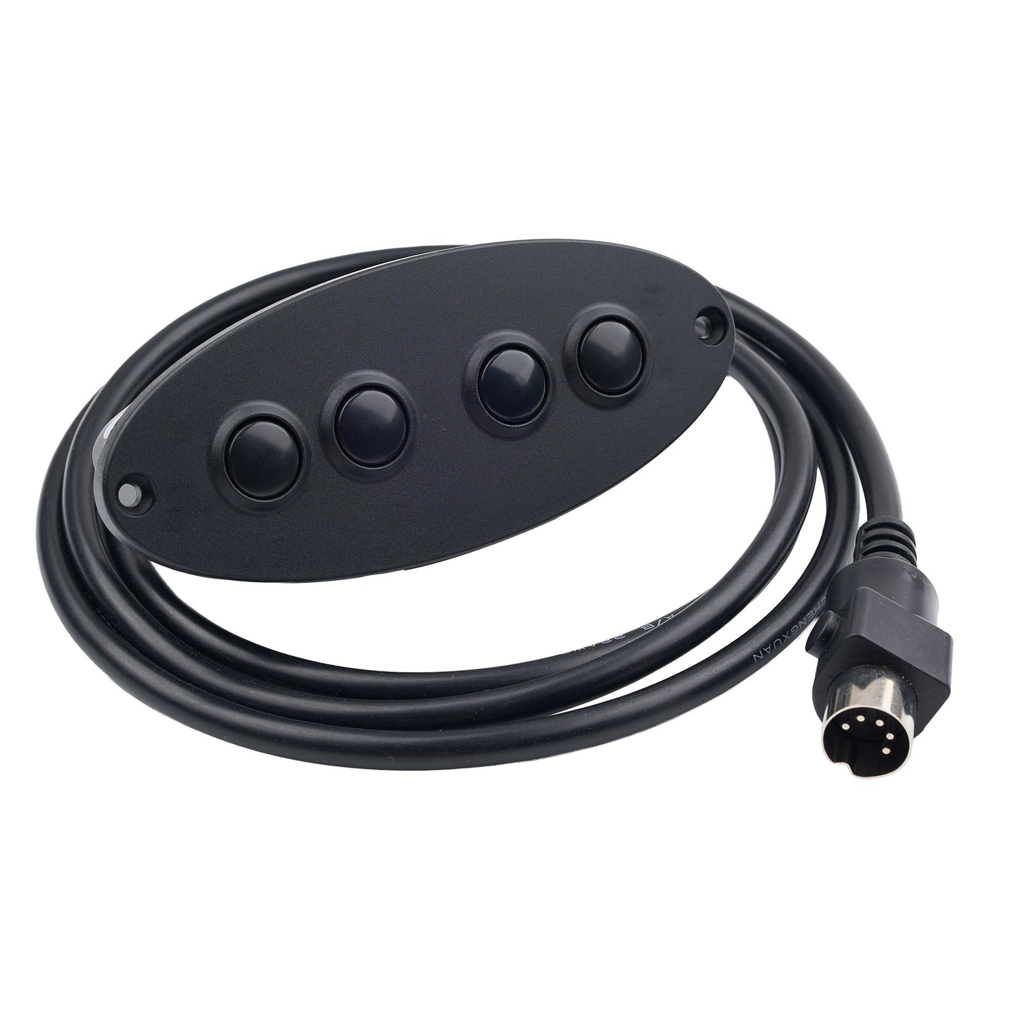 A black 4-button marine control panel with a coiled black cable and a multi-pin connector, shown on a plain white background.