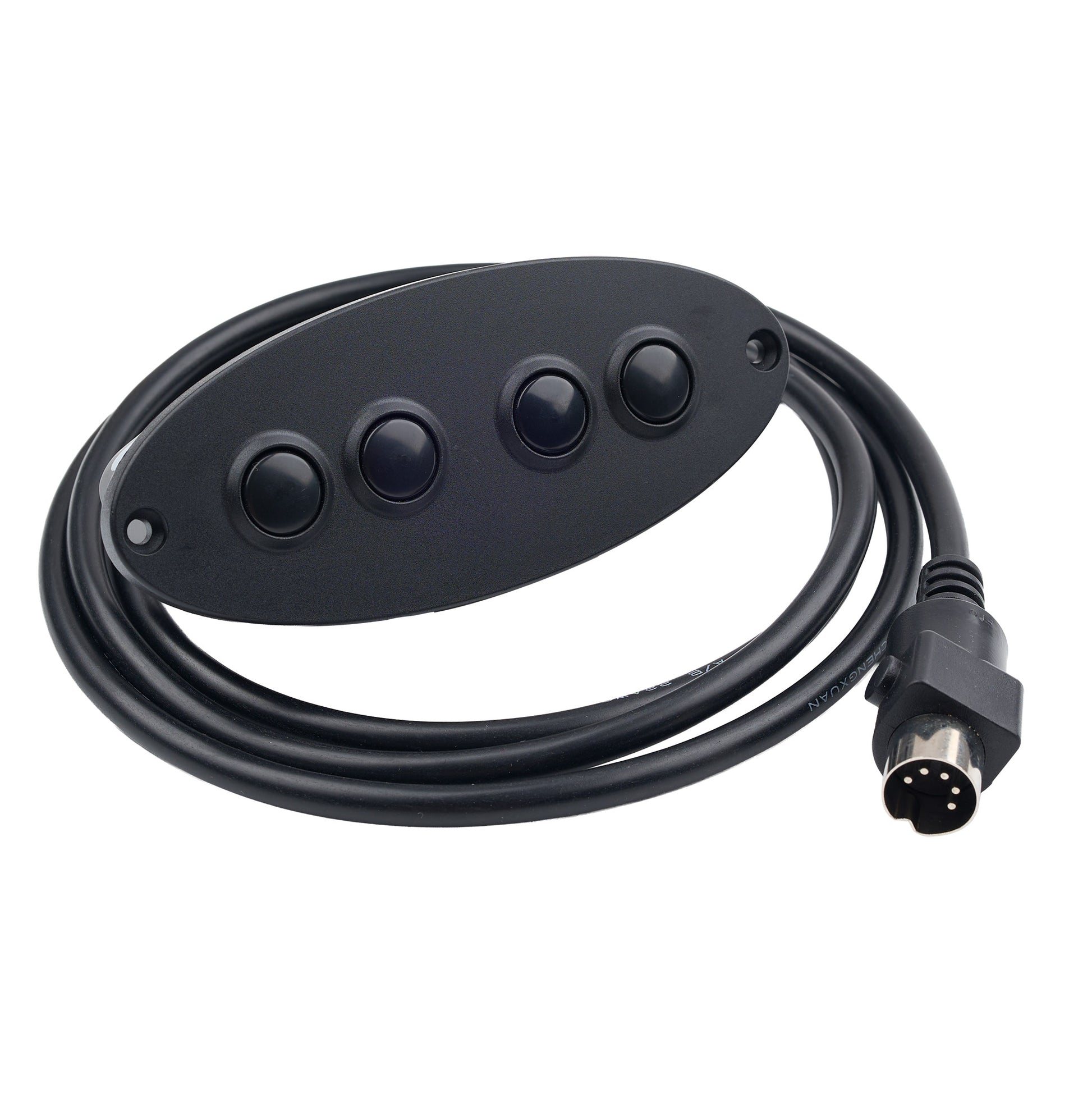 A black 4-button marine control panel with a coiled black cable and a multi-pin connector, shown on a plain white background.