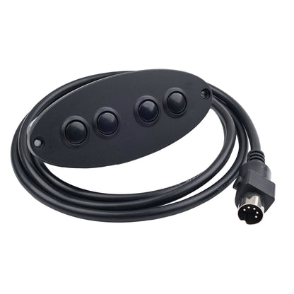 A black 4-button marine control panel with a coiled black cable and a multi-pin connector, shown on a plain white background.