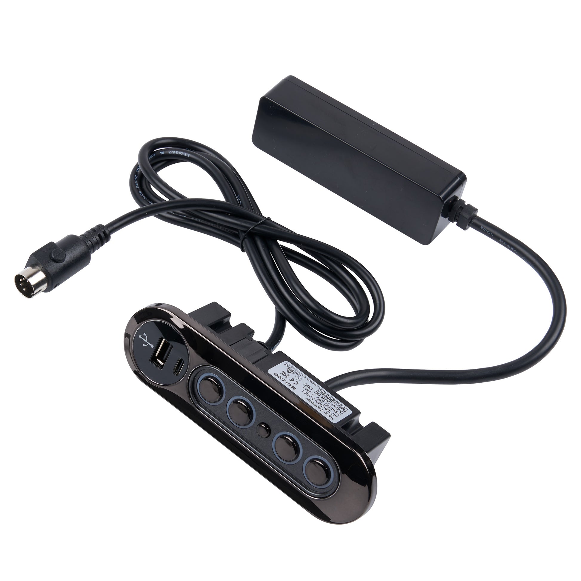 Black electronic device with multiple ports and a cable on a white background
