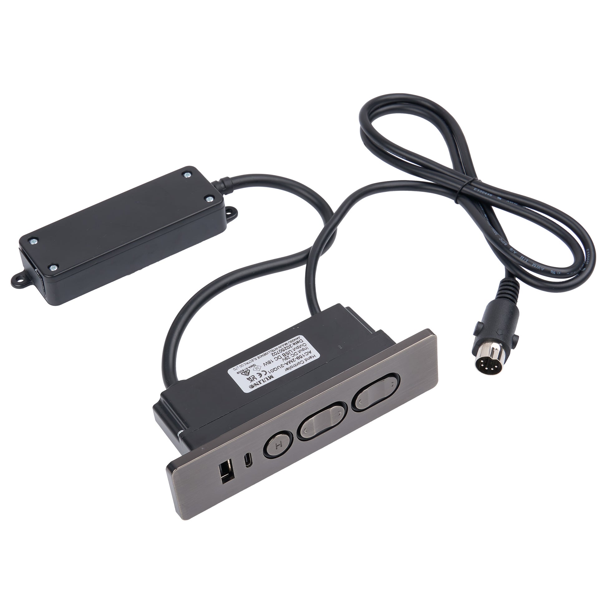 Black electronic control module with attached power cable and connector, shown on a plain white background.