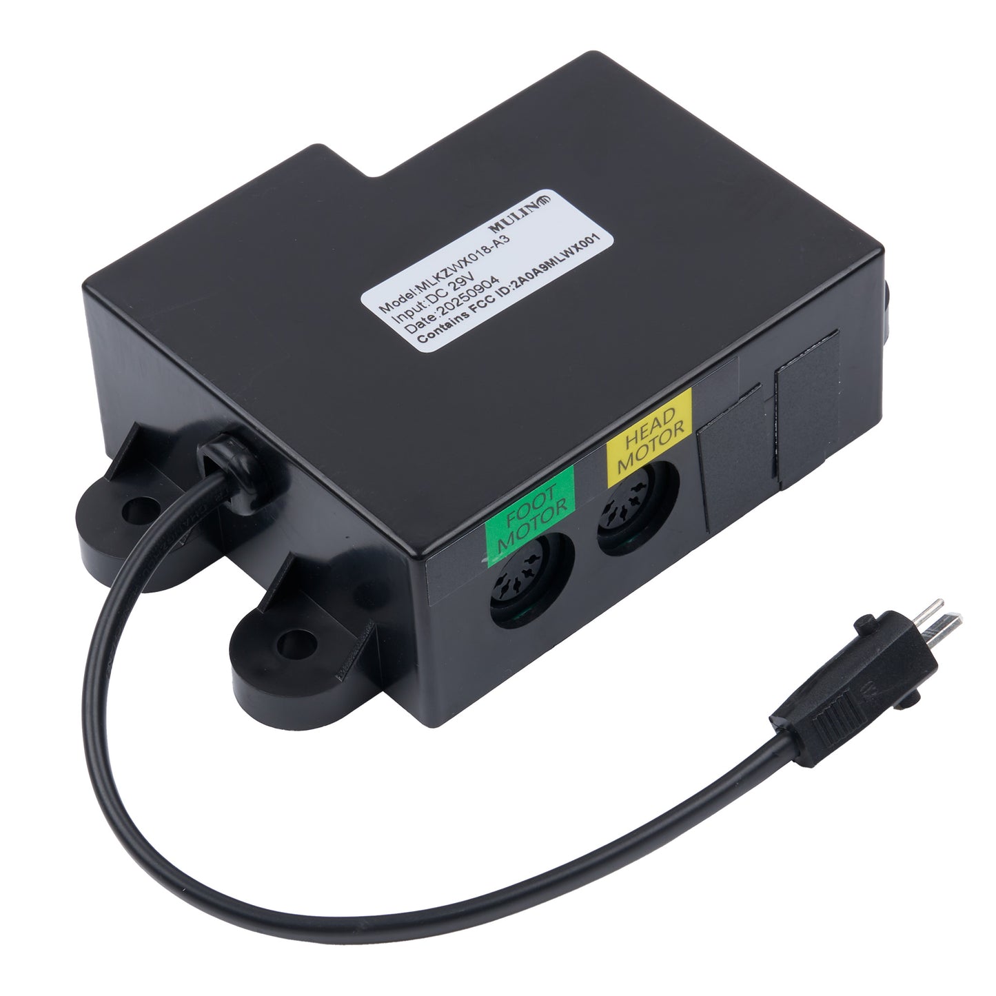 Black electrical component with wiring on a white background