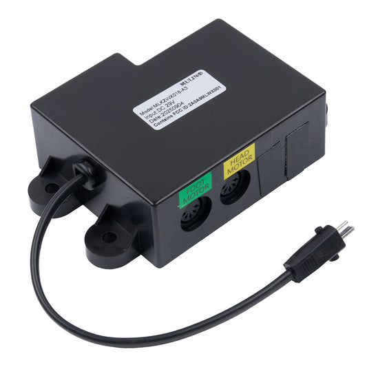 Black electrical component with wiring on a white background