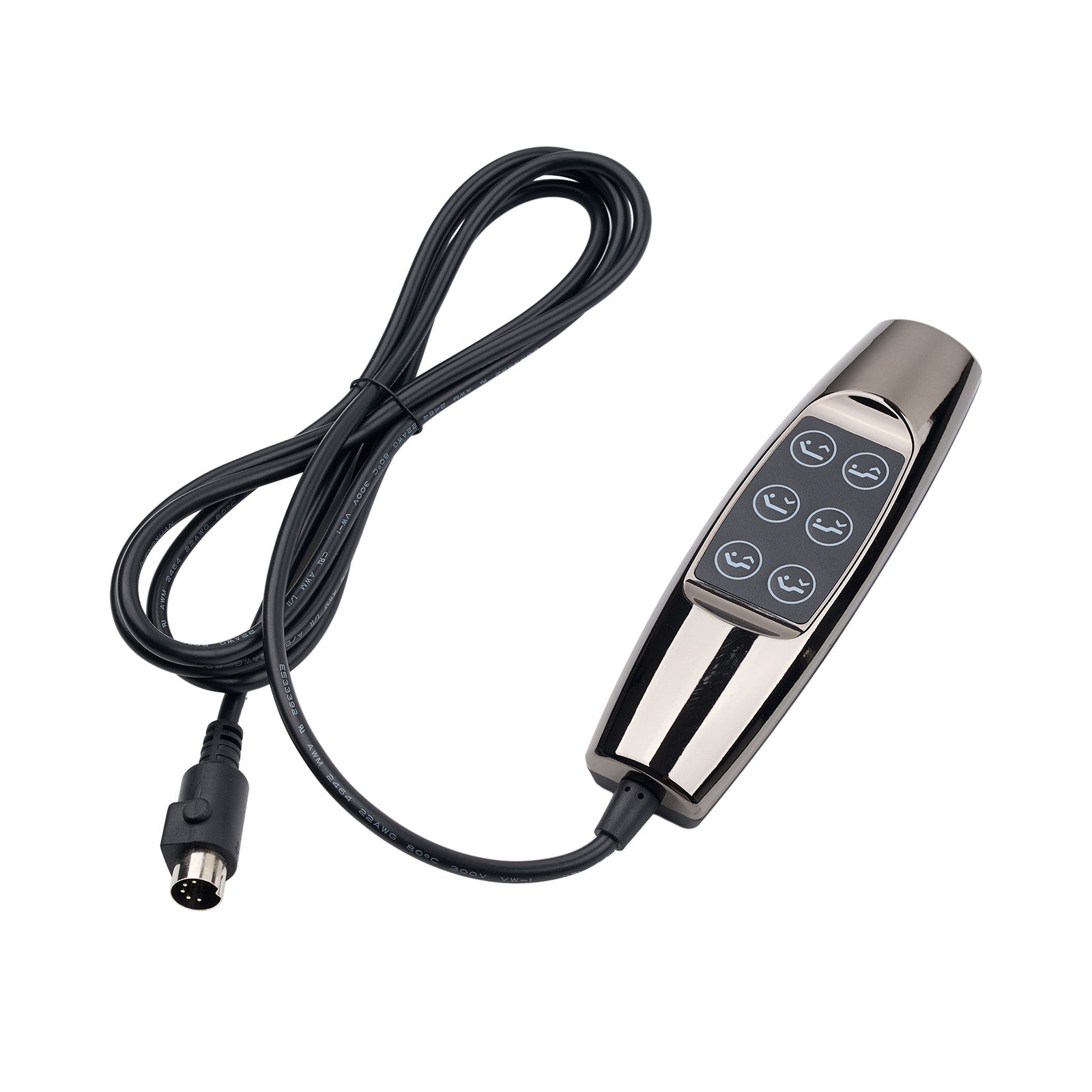 A black and silver electronic remote control with a coiled black cable and a multi-button faceplate, shown on a plain white background.