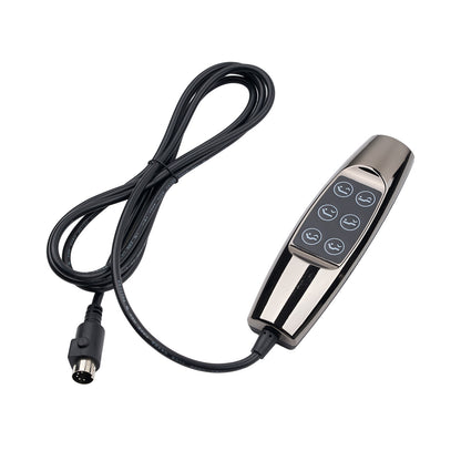A black and silver electronic remote control with a coiled black cable and a multi-button faceplate, shown on a plain white background.