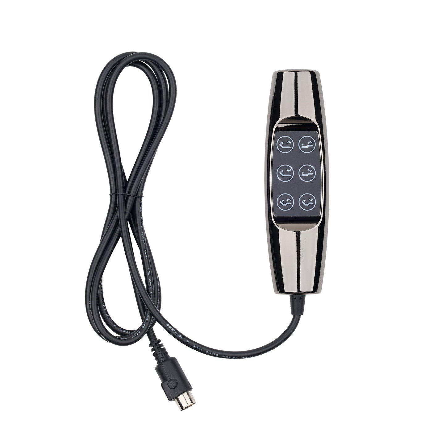 A black and silver electronic remote control with six buttons and a coiled black cable, shown on a plain white background.