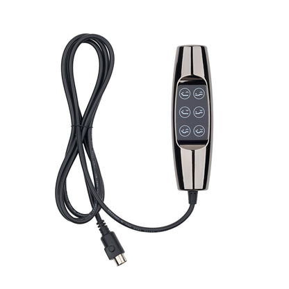 A black and silver electronic remote control with six buttons and a coiled black cable, shown on a plain white background.