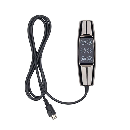 A black and silver electronic remote control with six buttons and a coiled black cable, shown on a plain white background.