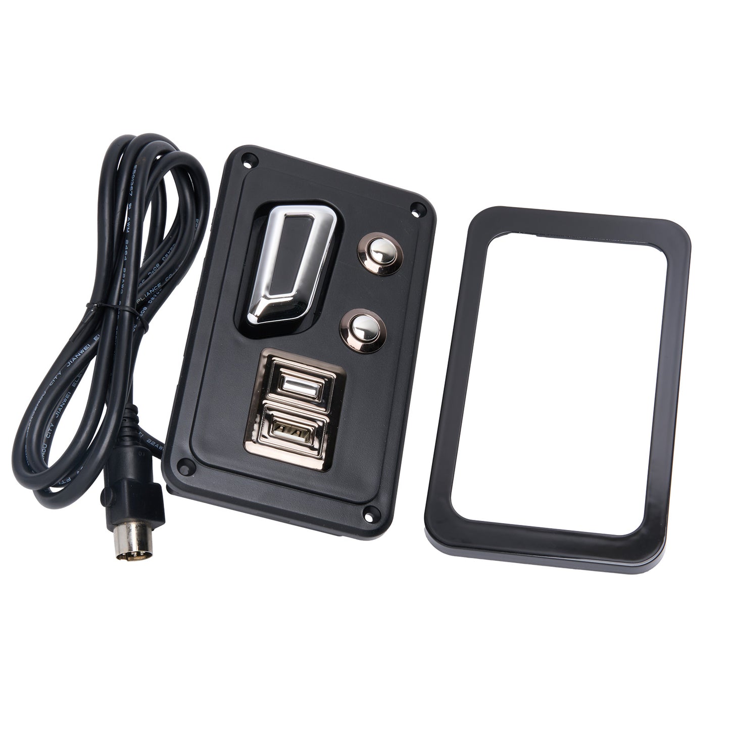 Black electronic panel with USB ports and power cable on a white background
