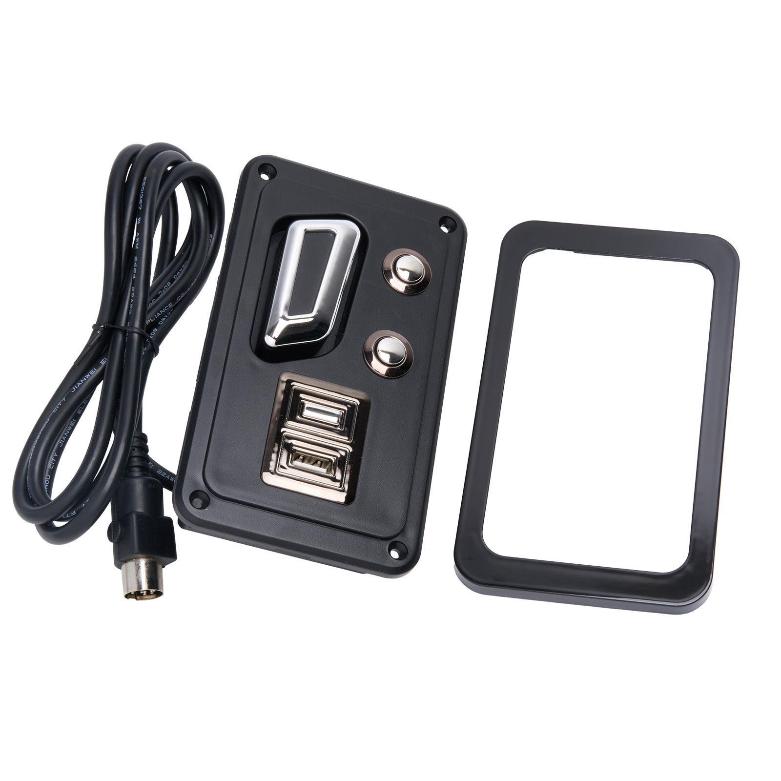 Black electronic panel with USB ports and power cable on a white background