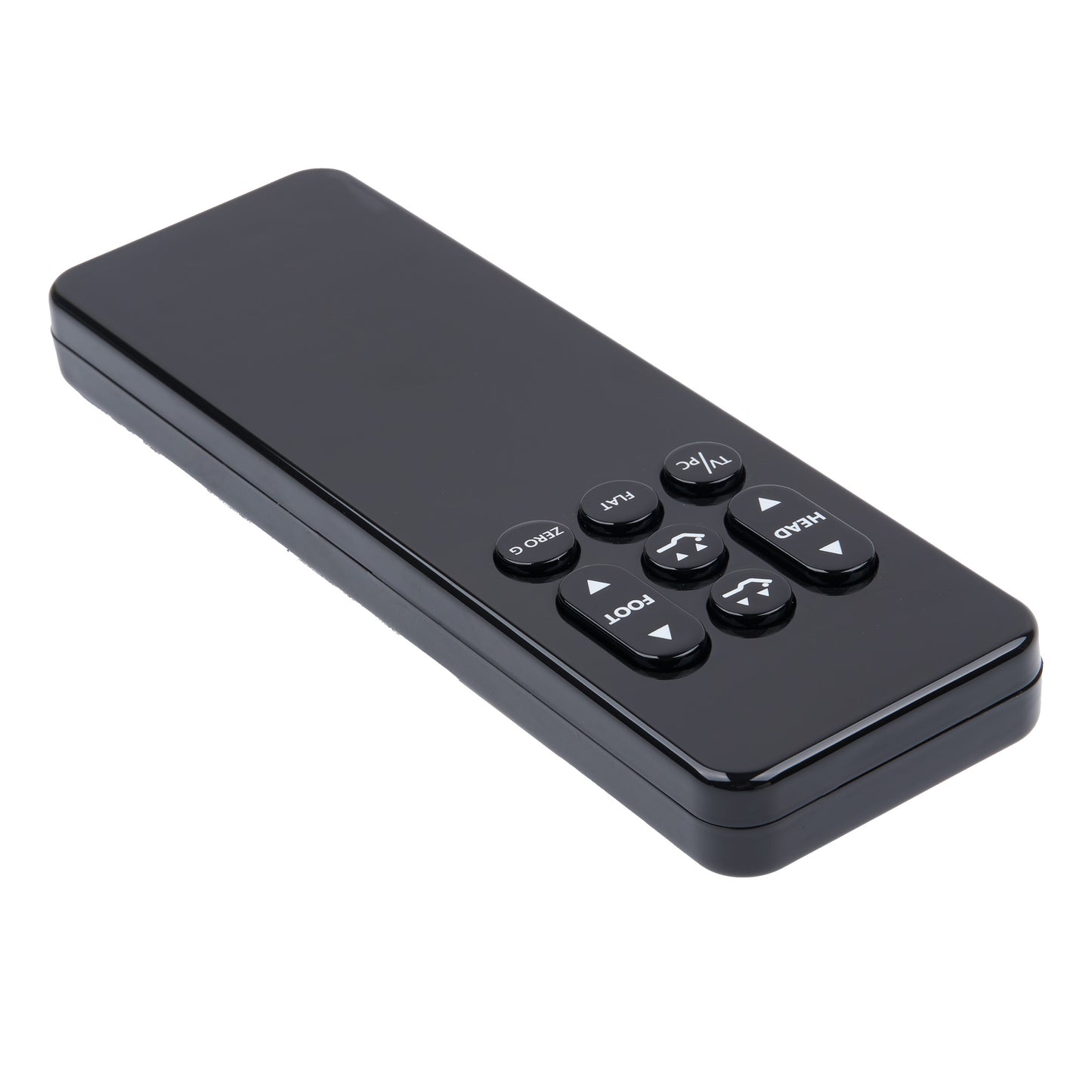 Black remote control with various buttons on a white background