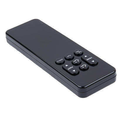 Black remote control with various buttons on a white background