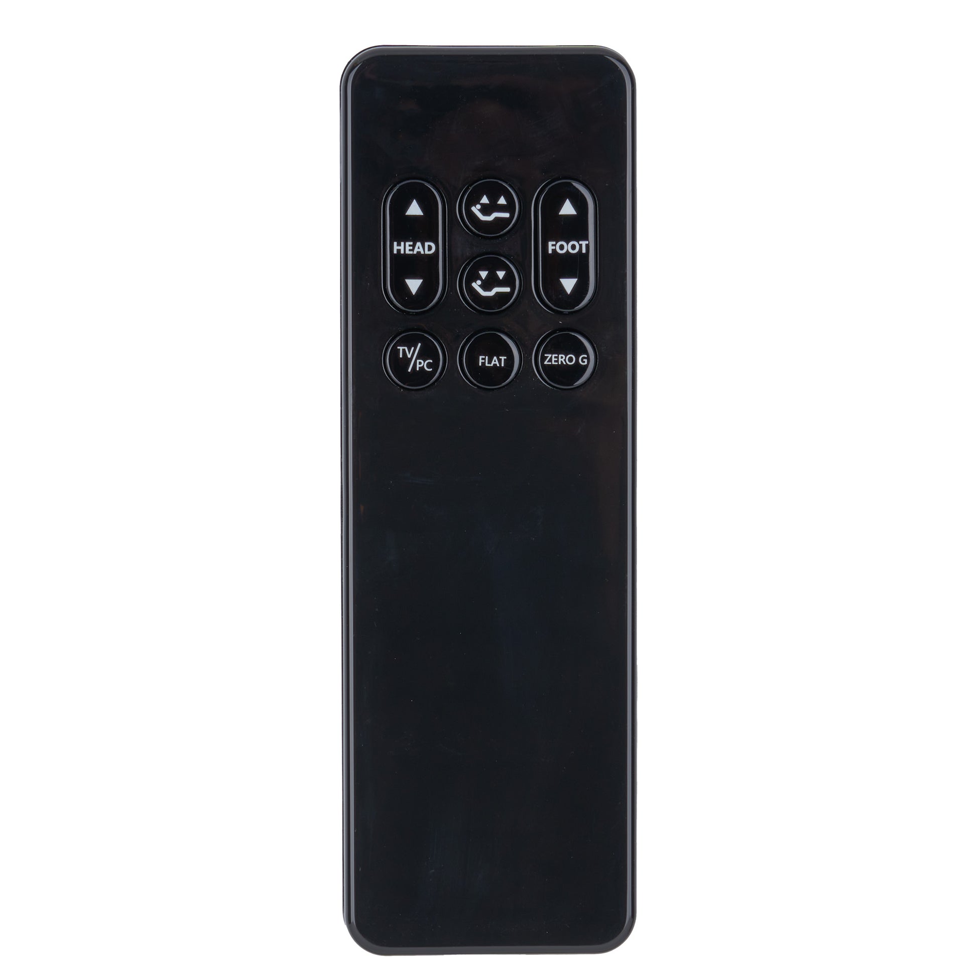 Black remote control with labeled buttons on a white background